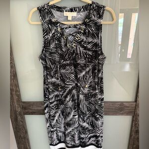 Michael Kors black & white tropical, sleeveless dress w. gold accents, sz. M.